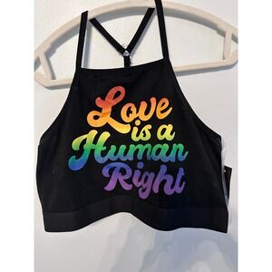 Body Rage Love is a Human Right Rainbow Graphic Halter Crop Top Black XL NWT